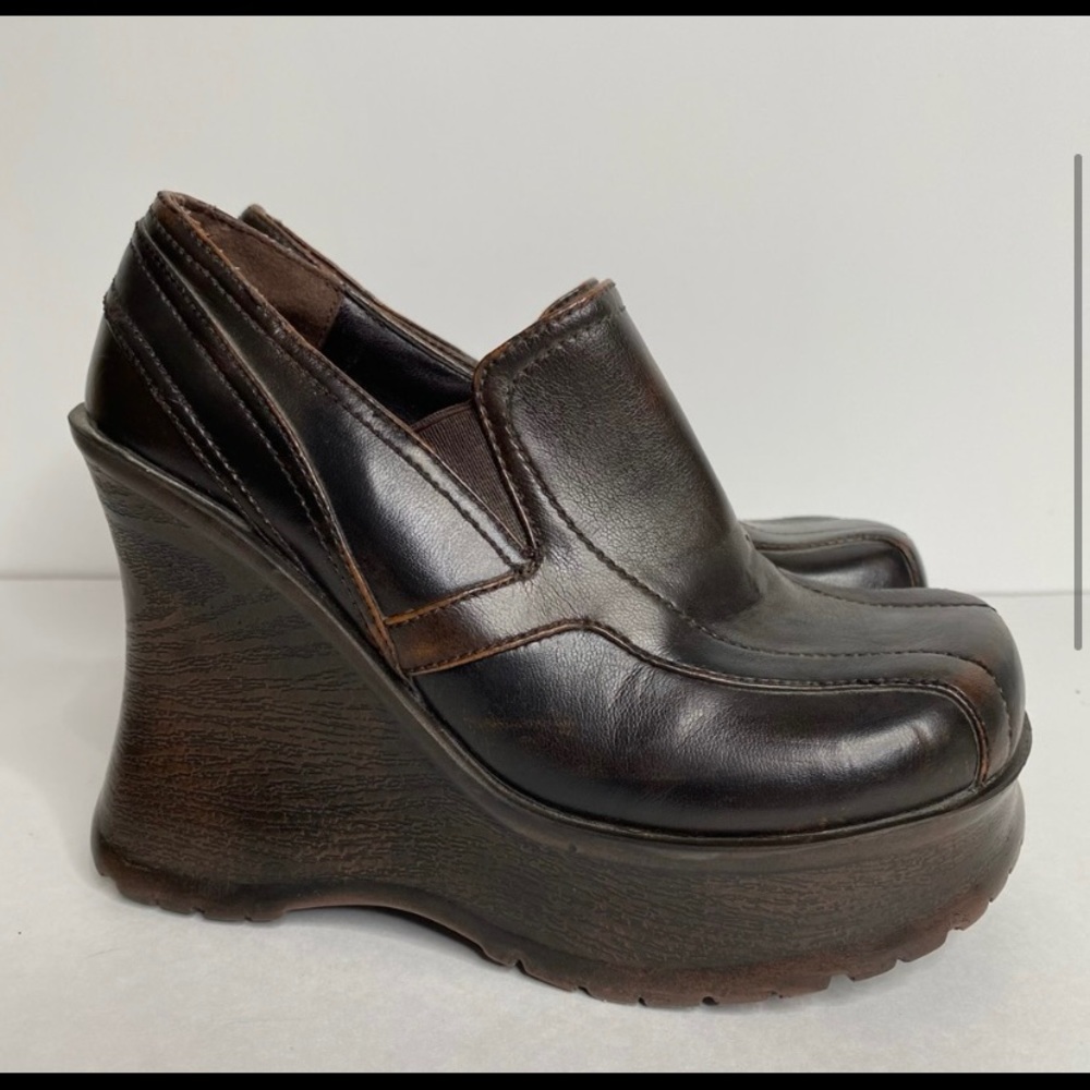 Vintage Y2K Platform Leather Wedge Oxfords Square Toe Brown/Orange 6